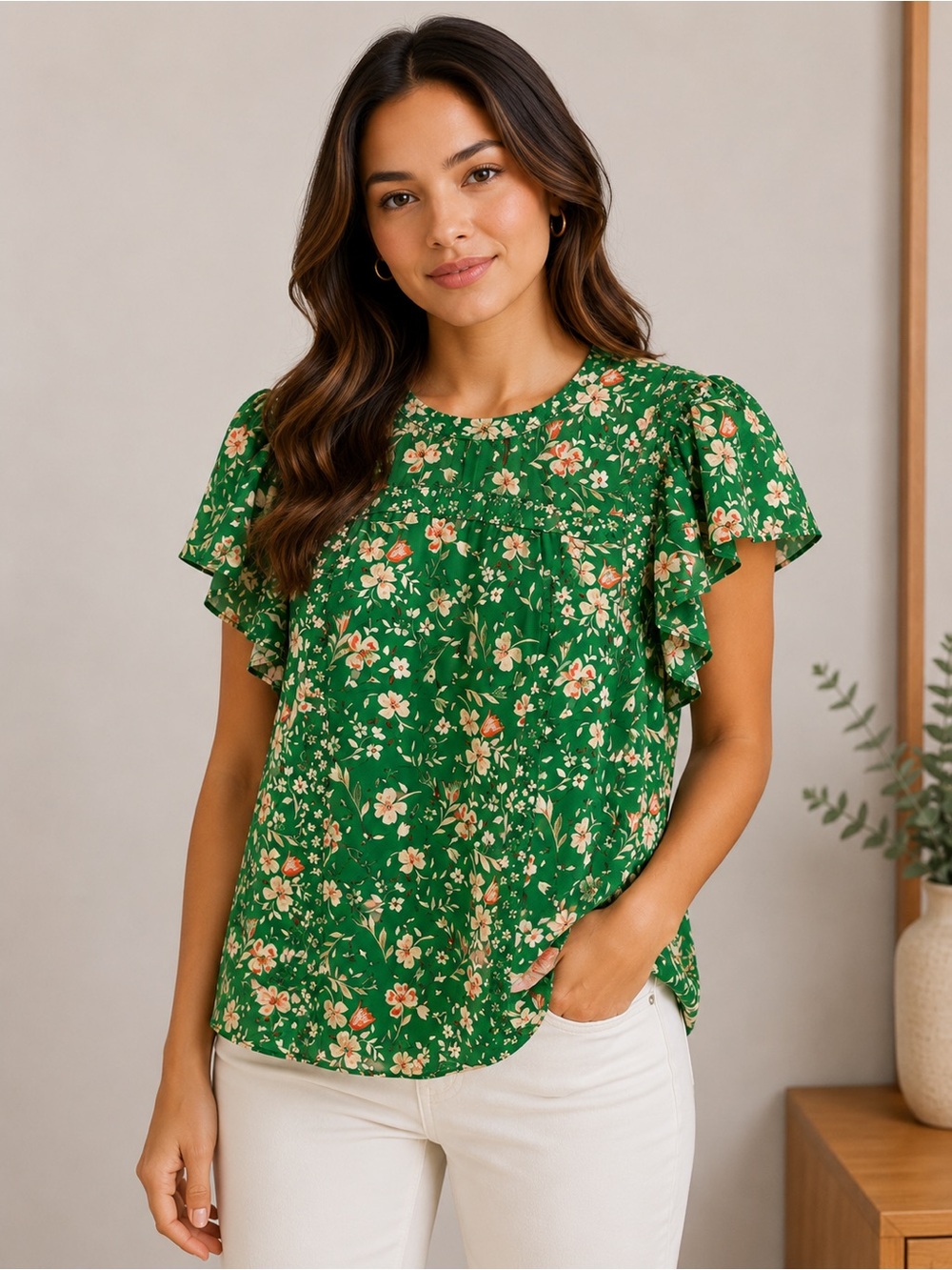 DR2 Green Floral Flutter Sleeve Blouse Women’s XL Cottagecore Top